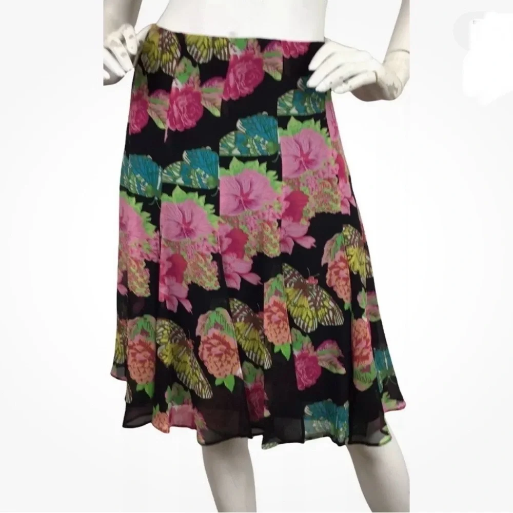 Karen Kane Lifestyle 100% Silk Floral Butterfly Car Wash Skirt Multicolored Sz 6